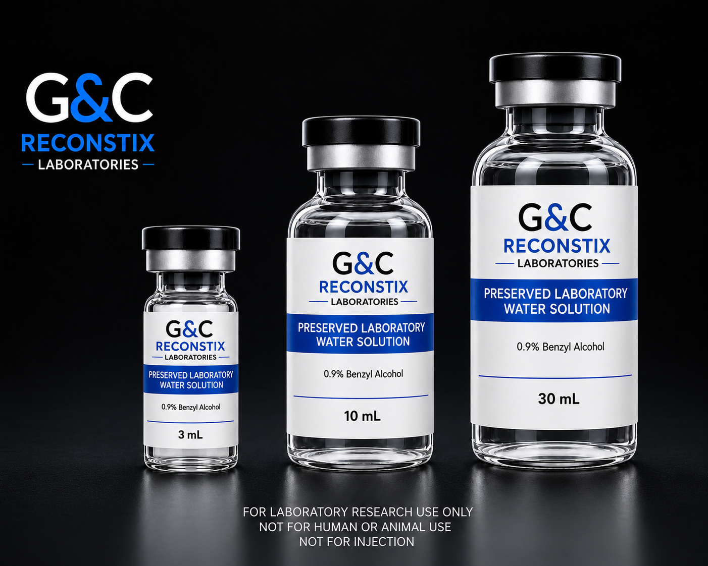 G&C Reconstix 3 mL, 10 mL, and 30 mL research-use vial lineup