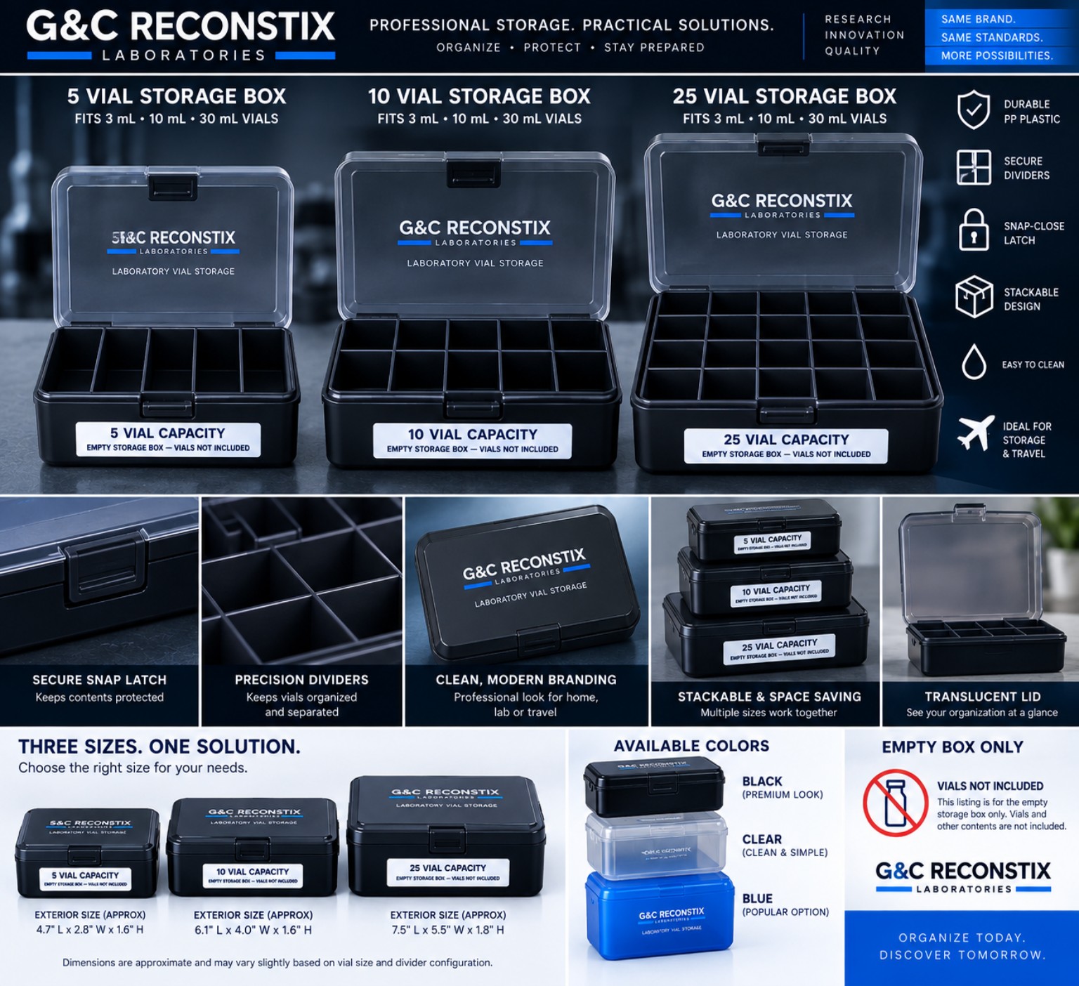 Concept rendering of three black G&C Reconstix laboratory vial storage organizers