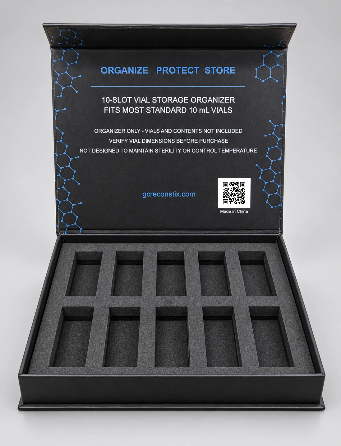 G&C Reconstix 10 mL organizer shown open; vials not included