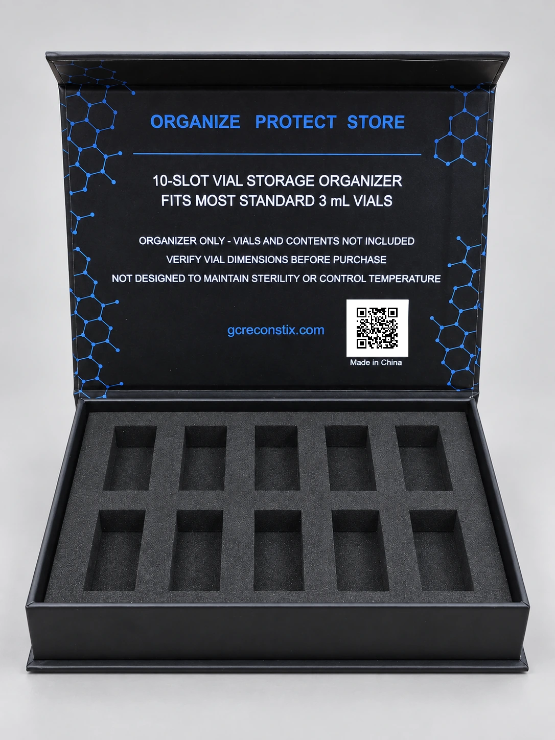 G&C Reconstix 3 mL organizer shown open; vials not included